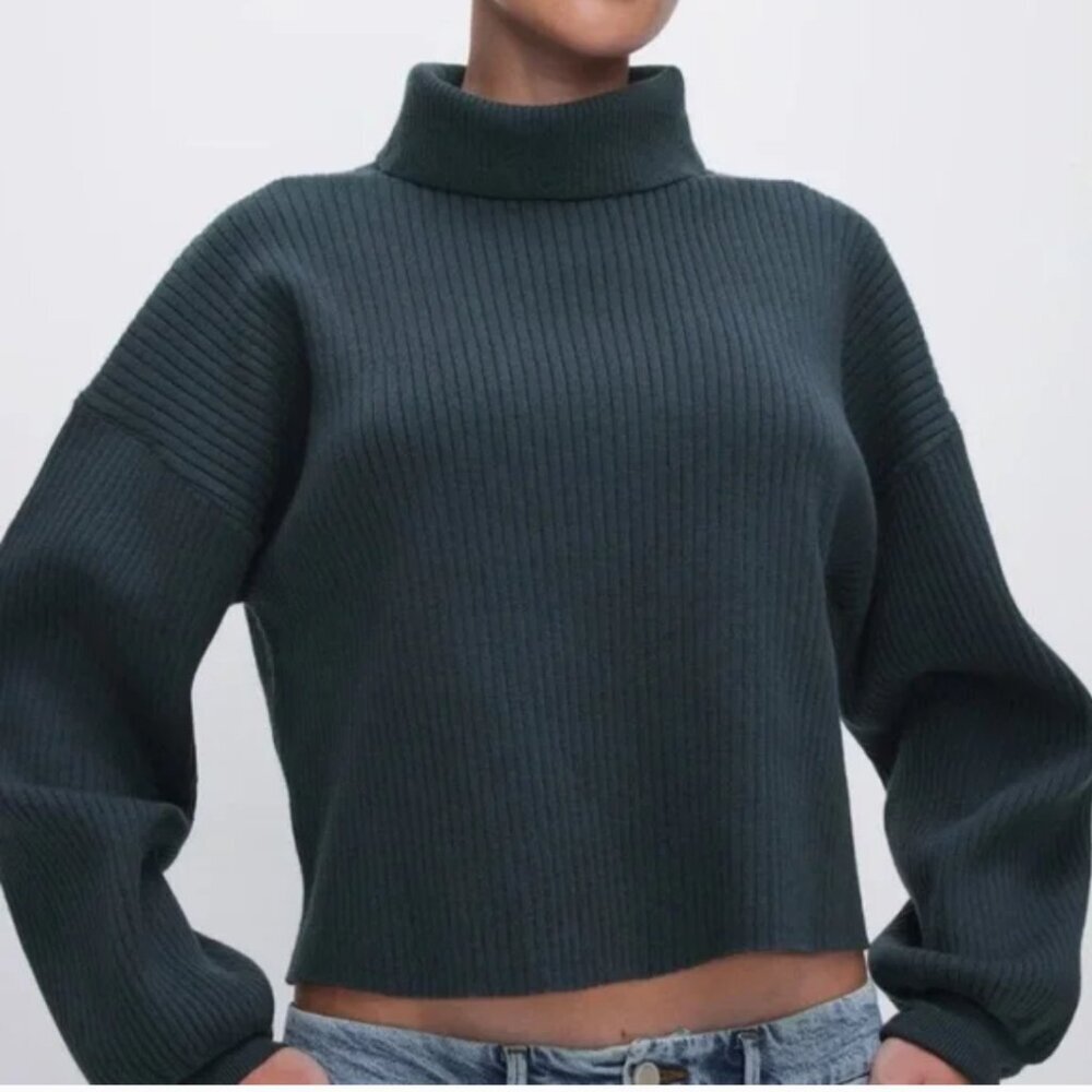Good American Ribbed Turtleneck Cropped Sweater Pullover Size M Dark Pine